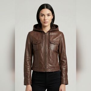 NEW Women's 100% Lambskin Brown Leather Jacket, Detachable Hood, Size S